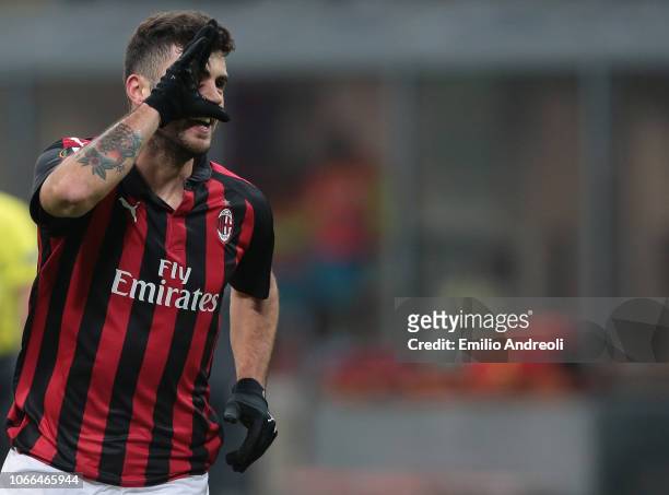 Patrick Cutrone of AC Milan celebrates after scoring the opening goal during the UEFA Europa League Group F match between AC Milan and F91 Dudelange...
