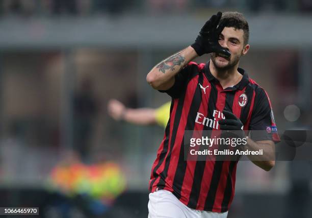 Patrick Cutrone of AC Milan celebrates after scoring the opening goal during the UEFA Europa League Group F match between AC Milan and F91 Dudelange...