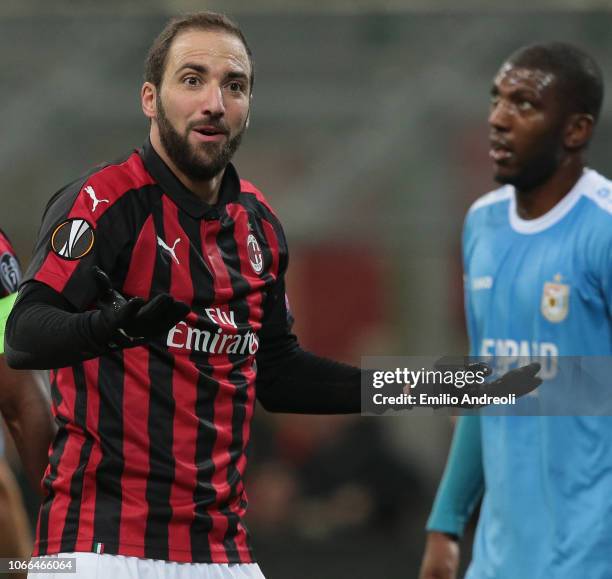 Gonzalo Higuain of AC Milan gestures during the UEFA Europa League Group F match between AC Milan and F91 Dudelange at Stadio Giuseppe Meazza on...