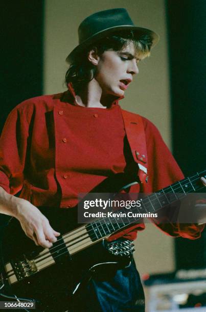 Bassist John Taylor of English pop group Duran Duran in concert, circa 1985.