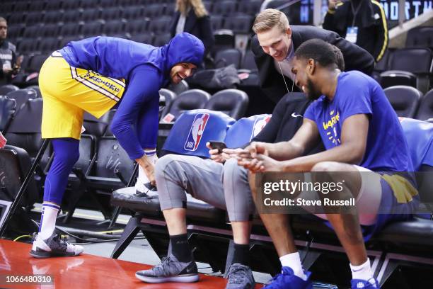 Golden State Warriors guard Stephen Curry takes shoot around before the game but will not play as the Toronto Raptors play the Golden State Warriors...