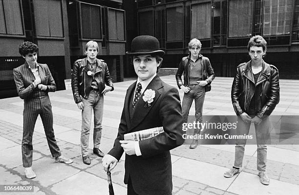 British punk rock band The Drones, 2nd March 1978. Left to right: singer M.J. Drone , guitarist Gus 'Gangrene' Callendar, unknown, drummer Peter...