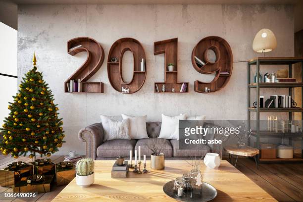 2019 bookshelf with cozy interior - new years eve 2019 stock pictures, royalty-free photos & images