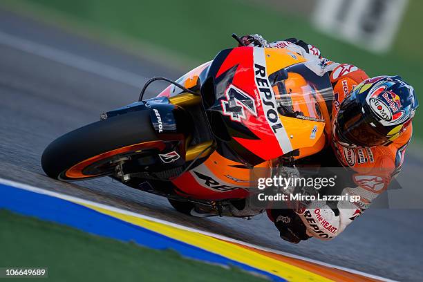 Andrea Dovizioso of Italy and Repsol Honda Team rounds the bend during the first test of 2011 season at Ricardo Tormo Circuit on November 9, 2010 in...