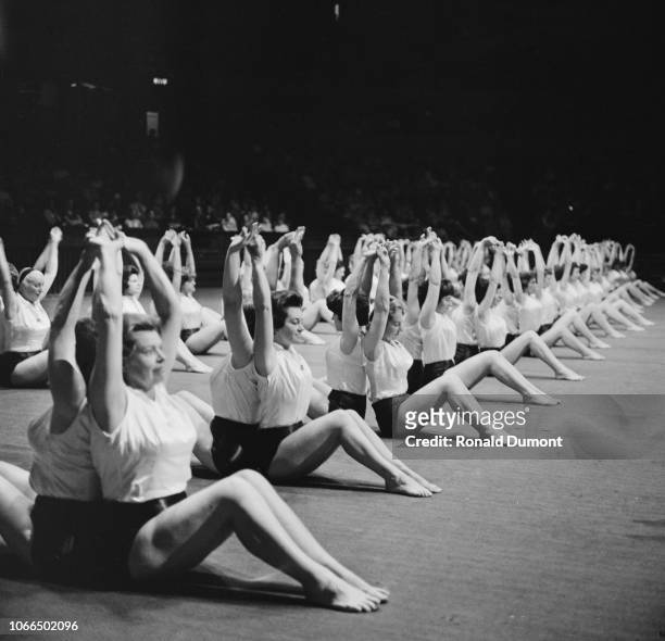 Members of the Women's League Of Health And Beauty performing at the Royal Ballet Hall, London, UK, October 1963.