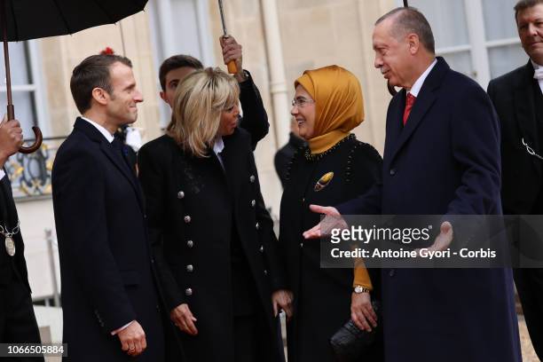 French President Emmanuel Macron and French First Lady Brigitte Macron welcome Recep Tayyip Erdogan President of Turkey and his wife Emine Erdogan...