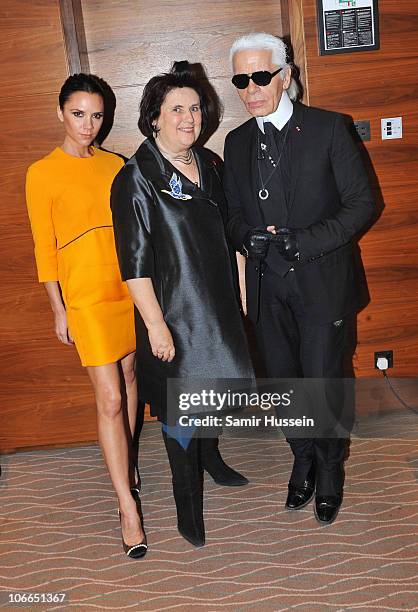 Guest speaker Victoria Beckham, Fashion editor of the International Herald Tribune Suzy Menkes and designer Karl Lagerfeld attend Day 1 of the...