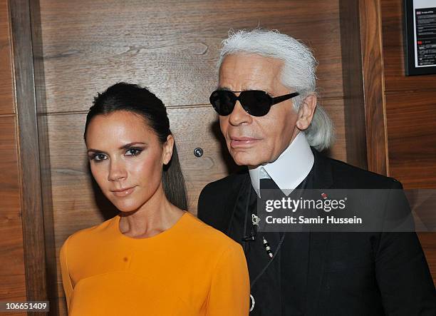 Guest speaker Victoria Beckham and Designer Karl Lagerfeld attend Day 1 of the International Herald Tribune Heritage Luxury Conference at...