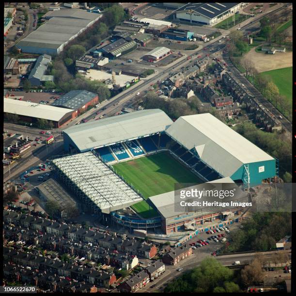 Hillsborough Stadium, Sheffield, South Yorkshire, 1995. Aerial view of the home of Sheffield Wednesday Football Club. Artist Aerofilms.