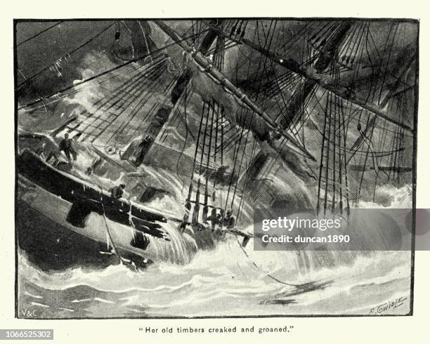 victorian sailing ship in a storm, 19th century - ship rough sea stock illustrations