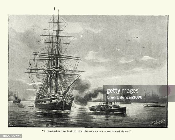 dampfschiffes abschleppen eine segelschiff auf der themse, 1890 s - schlepper stock-grafiken, -clipart, -cartoons und -symbole
