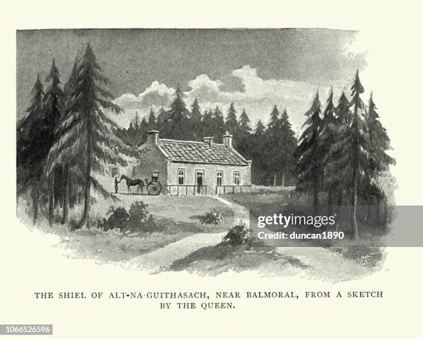shiel of alt-na-guithasach, near balmoral, late 19th century - balmoral scotland stock illustrations