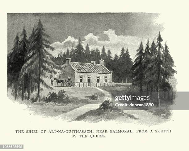 shiel of alt-na-guithasach, near balmoral, late 19th century - alt stock illustrations