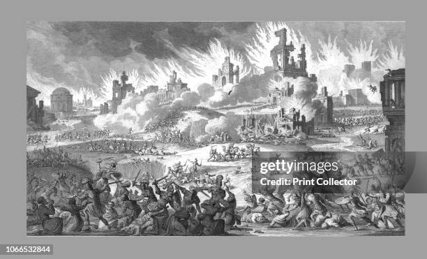 The Destruction of Jerusalem and the Temple, . 19th century depiction of the Siege of Jerusalem in 70 AD, during which the Second Temple was burned,...