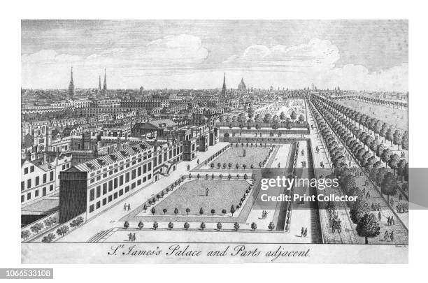 St. James's Palace and Parts adjacent', 1736. View of St James's Palace and park in London, with the Privy Garden designed by André Mollet in the...