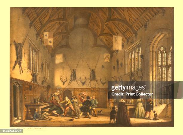 The Hall, Athelhampton, Dorset, . Victorian depiction of people playing a game of blind man's buff circa 1600, in the 15th-century Great Hall at...
