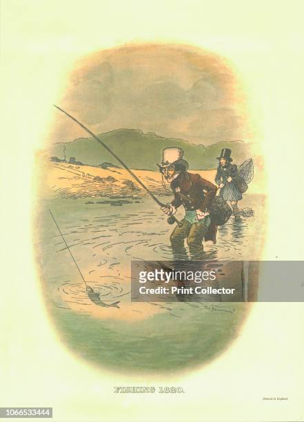 Fishing, 1820', circa 1910. One of a set of advertisements showing Johnnie Walker's Striding Man in various sporting scenarios. Artist Tom Browne.