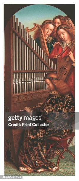 St Cecilia at the organ, . 19th century chromolithograph after a section of the 15th-century Ghent Altarpiece by Hubert and Jan van Eyck, in St...