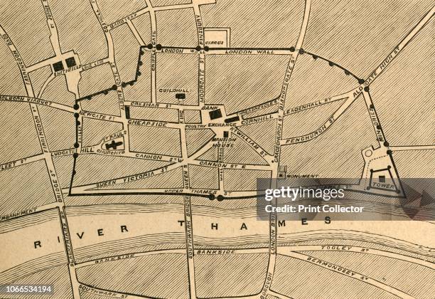 Part of Modern London, Showing the Ancient Wall', 1897. Map of the City of London, the River Thames and the South Bank in the late 19th century....