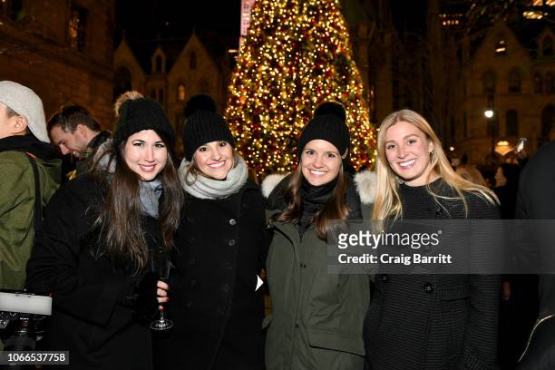 Rachel Greenwald, Ariel Cohen, Danielle Hendricks and Madison Vessels attend the Lotte New York Palace Annual Tree Lighting on November 29, 2018 in...
