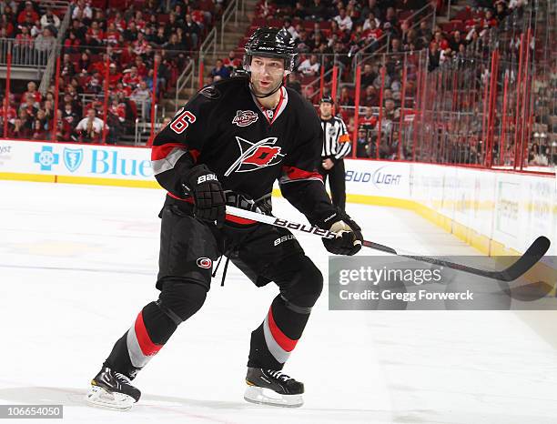 Erik Cole of the Carolina Hurricanes positions himself to receive a pass during a NHL game against the Carolina Hurricanes on November 6, 2010 at RBC...