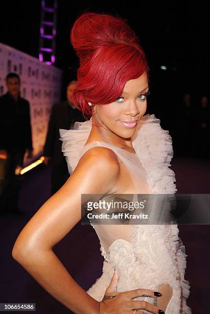 Musician Rihanna attends the MTV Europe Music Awards 2010 at La Caja Magica on November 7, 2010 in Madrid, Spain.
