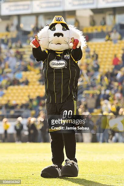 Mascot Crew Cat cheers on the Columbus Crew as they play the Colorado Rapids during the second leg of the MLS playoff match on November 6, 2010 at...