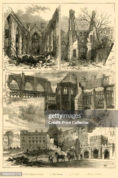 Ruins of the Houses of Parliament', . Views of the Palace of Westminster in London after it was destroyed by fire in 1834: Interior of St Stephen's...