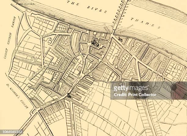 Map of Southwark, 1720', . Map showing the village of Southwark on the south bank of the River Thames, in what is now part of greater London. Places...