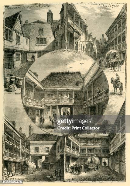 Old Inns in Southwark', . Public houses in Southwark, south London: Dog & Bear and Old Croyden House; King's Head; The Catherine Wheel; Queen's Head;...