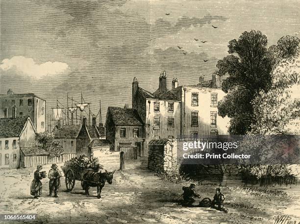 Mill Pond Bridge, in 1826', . Street scene on Jamaica Row near Mill Pond Bridge in Bermondsey, south London, with ships on the River Thames in the...