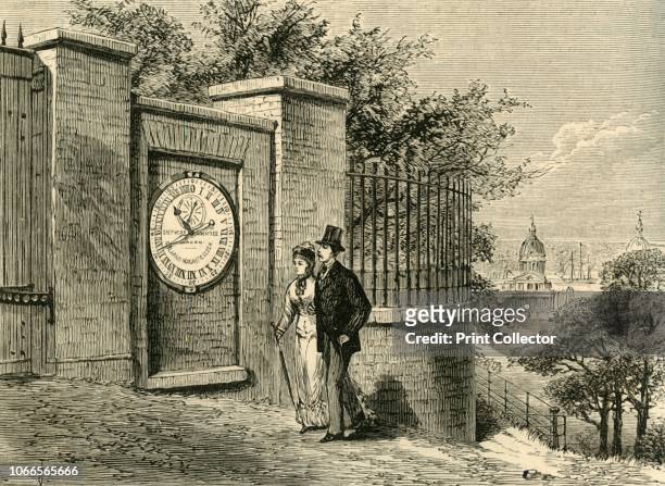 The Magnetic Clock, Greenwich Observatory', circa 1840, . People looking at the Shepherd Gate Clock on the wall outside the gate of the Royal...