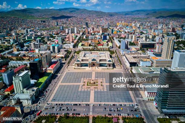 mongolia, ulan bator, aerial view of cityscape, gengis khan square - asia central fotografías e imágenes de stock