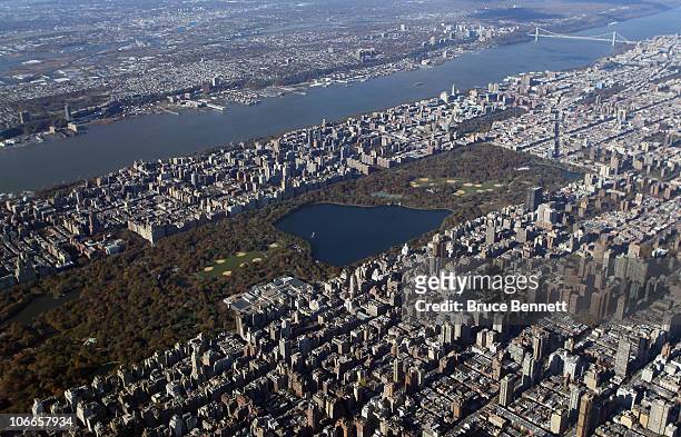 An aerial view of Central Park and the Hudson River photographed on November 9, 2010 in New York City.