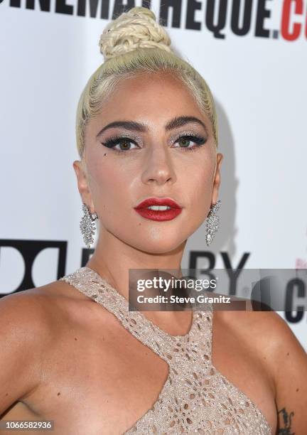 Lady Gaga arrives at the 32nd American Cinematheque Award Presentation Honoring Bradley Cooper at The Beverly Hilton Hotel on November 29, 2018 in...