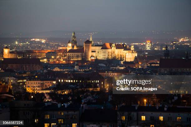 General view of Wawel Castle at night.