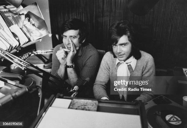 Portrait of radio presenters Noel Edmonds and Ed Stewart in the studio, October 17th 1970.