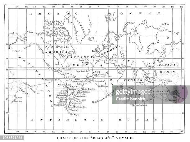 chart of the beagle's voyage. charles darwin travel map - charles darwin stock illustrations