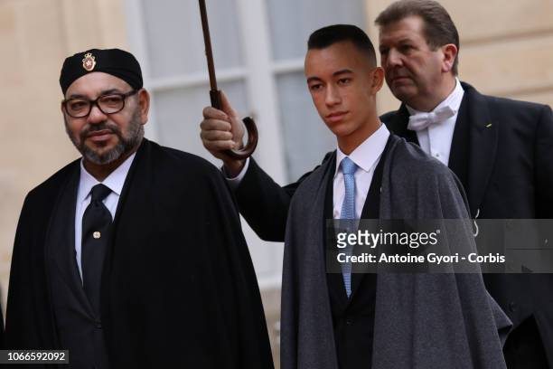 Mohammed VI is the King of Morocco and Moulay Hassan, Crown Prince of Morocco to the commemoration of the 100th anniversary of the end of WWI at...