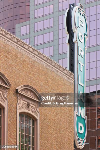 portland sign - arlene schnitzer concert hall - oregon - portland neon sign stock pictures, royalty-free photos & images