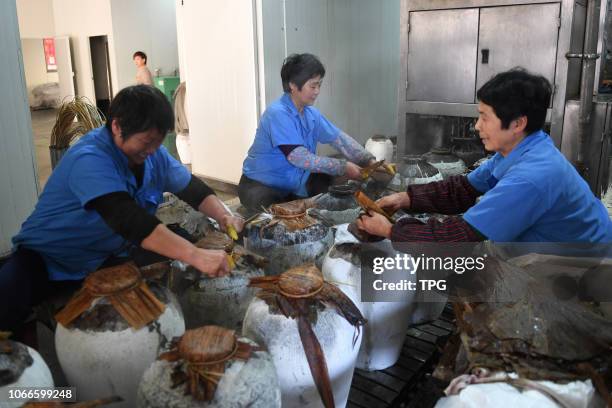 Chinese traditional Shaoxing wine "Maiden Rose" started to make in winter on 29 November 2018 in Shaoxing,Zhejiang, China.