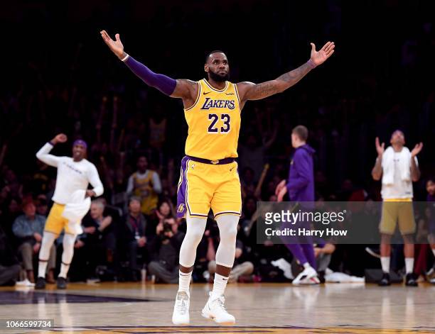 LeBron James of the Los Angeles Lakers celebrates his three pointer during a 104-96 win over the Indiana Pacers at Staples Center on November 29,...