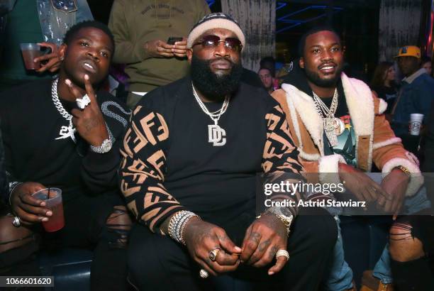 Rappers Rick Ross and and Meek Mill attend Meek Mill and PUMA celebrate CHAMPIONSHIPS album release party at PHD at the Dream Downtown on November...