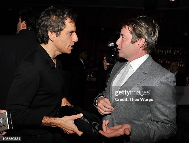 Actors Ben Stiller and Matthew Broderick talk during the Broadway opening of "Colin Quinn Long Story Short" at theThe Royalton Hotel on November 9,...