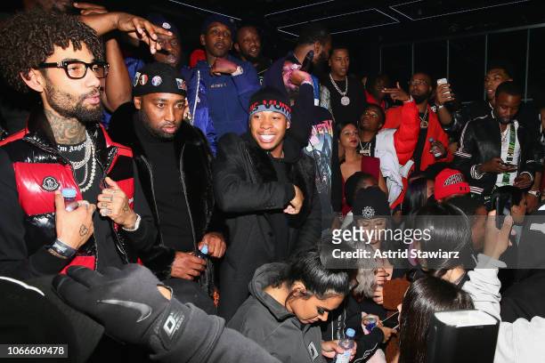 PnB Rock, Chino Braxton, and guests dance as Meek Mill raps during Meek Mill and PUMA celebrate CHAMPIONSHIPS album release party at PHD at the Dream...