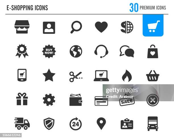 stockillustraties, clipart, cartoons en iconen met e-shopping pictogrammen / / premium modelle - mand