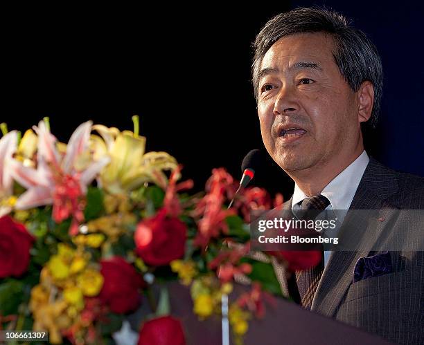 Kenichi Kuroya, president and chief execuitve officer of Kawasaki Kisen Kaisha Ltd., speaks at the World Shipping Summit in Guangzhou, Guangdong...