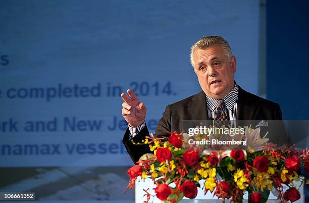Michael E. Moore, president and chief executive officer of GCT Global Container Terminals Inc., speaks at the World Shipping Summit in Guangzhou,...