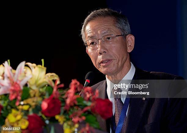 Koji Miyahara, chairman of Nippon Yusen Kabushiki Kaisha and president of the Japanese Shipowners Association, speaks at the World Shipping Summit in...