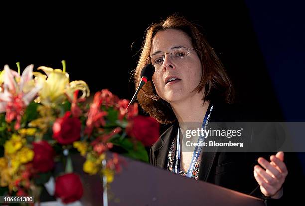 Yael Selfin, head of Macro Consulting of PricewaterhouseCoopers LLP, speaks at the World Shipping Summit in Guangzhou, Guangdong Province, China, on...